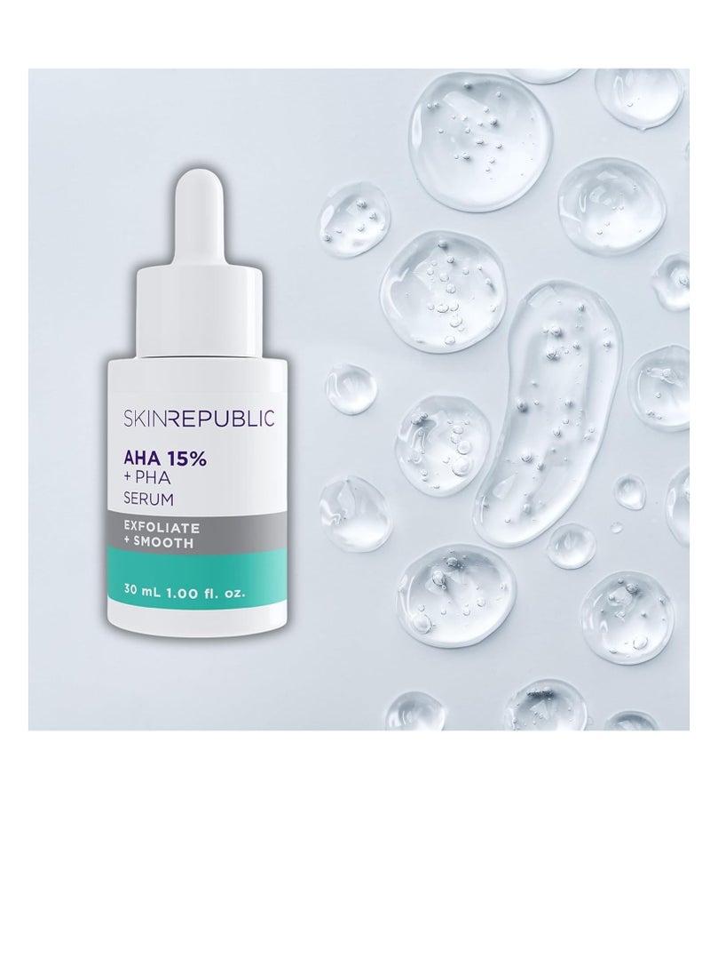 SKIN REPUBLIC - AHA 15% + PHA Face Serum, 30ml – Exfoliates, Smooths & Brightens Skin in 2 Weeks, Minimizes Pores & Roughness, Improves Texture & Radiance with Lactic, Glycolic & Mandelic Acids - Image 1