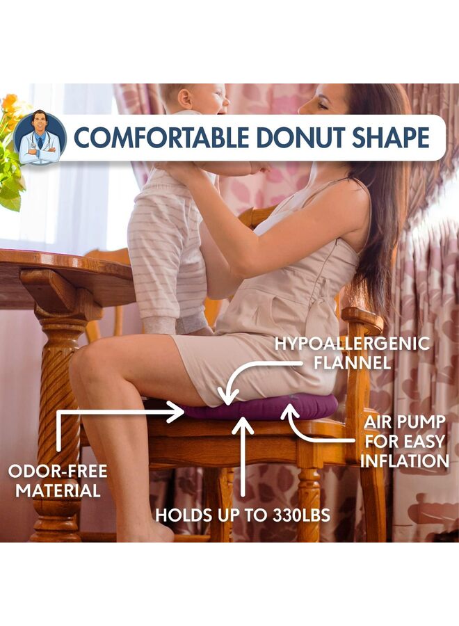 وسادة دونات - وسادة دونات قابلة للنفخ مقاس 18 بوصة لتخفيف آلام عظم الذنب - وسادة مقعد على شكل دونات للبواسير وقرح الفراش والتهاب البروستاتا - من الفلانيل الرمادي والفينيل (اللون: أحمر) - Image 4