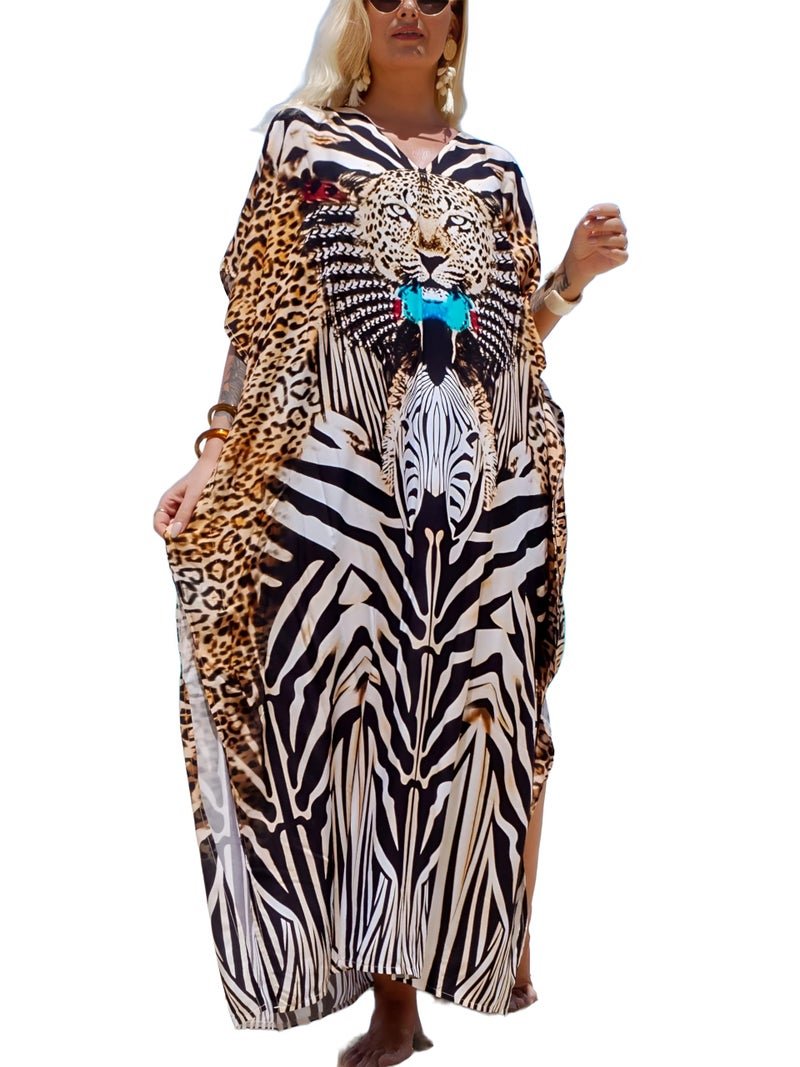 IMAGEKOPE Women's Plus Size Moroccan Print V-Neck Batwing Kaftan Loose Fit Beach Dress Bathing Suit Cover Up - Image 1