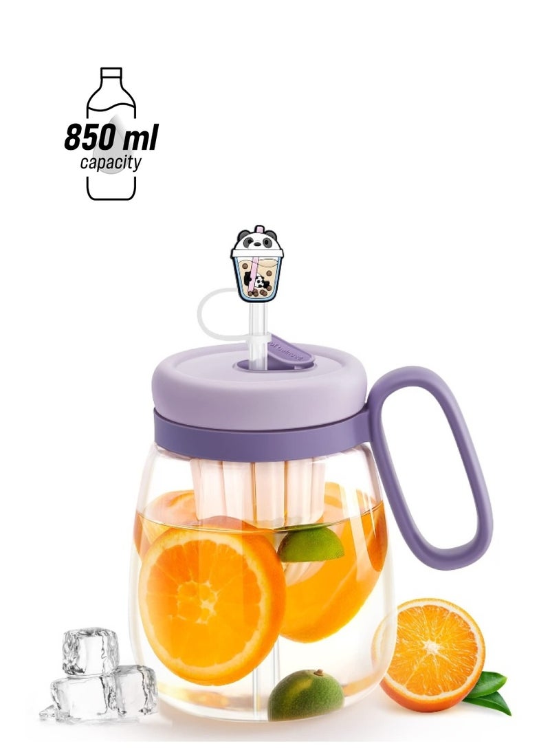 Water Glass, 29 oz Reusable Wide Mouth Smoothie Coffee Glass Water Bottles with Handle, Tea Infuser and Cartoon Straw Cover  - Image 1