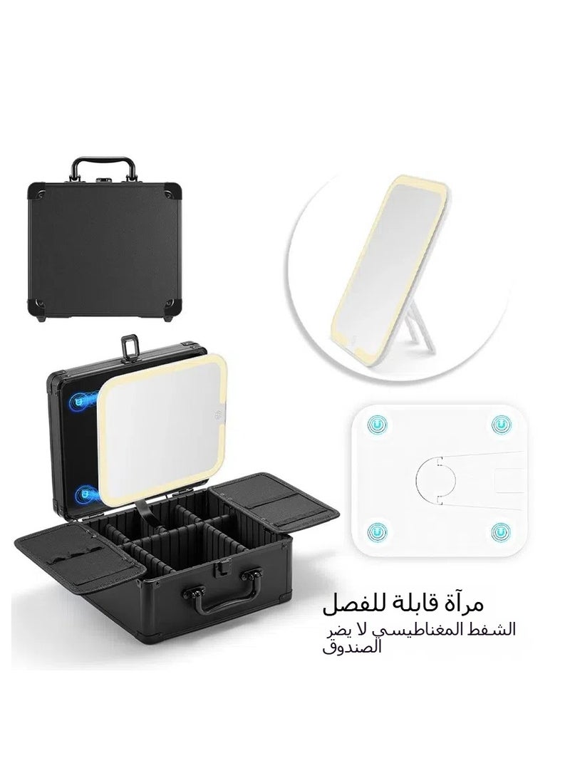 general Large capacity cosmetic case Magnetic suction with lamp mirror Removable baffle cosmetics Portable portable cosmetic travel storage case - Image 3