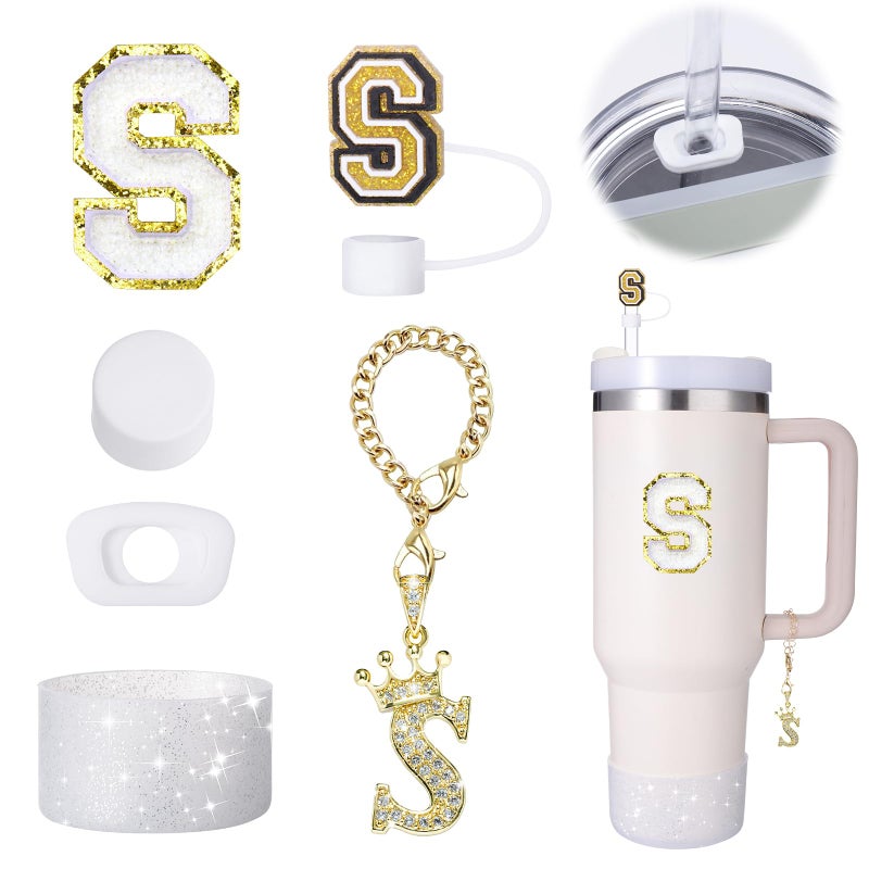 Mity Rain 6pc Cup Accessories Set for Stanley 30 oz 40 oz Tumbler with Handle Including Straw Cover Cap Cup Initials Charm Sticker Silicone Boot Round Square Spill Proof Stopper Letter S