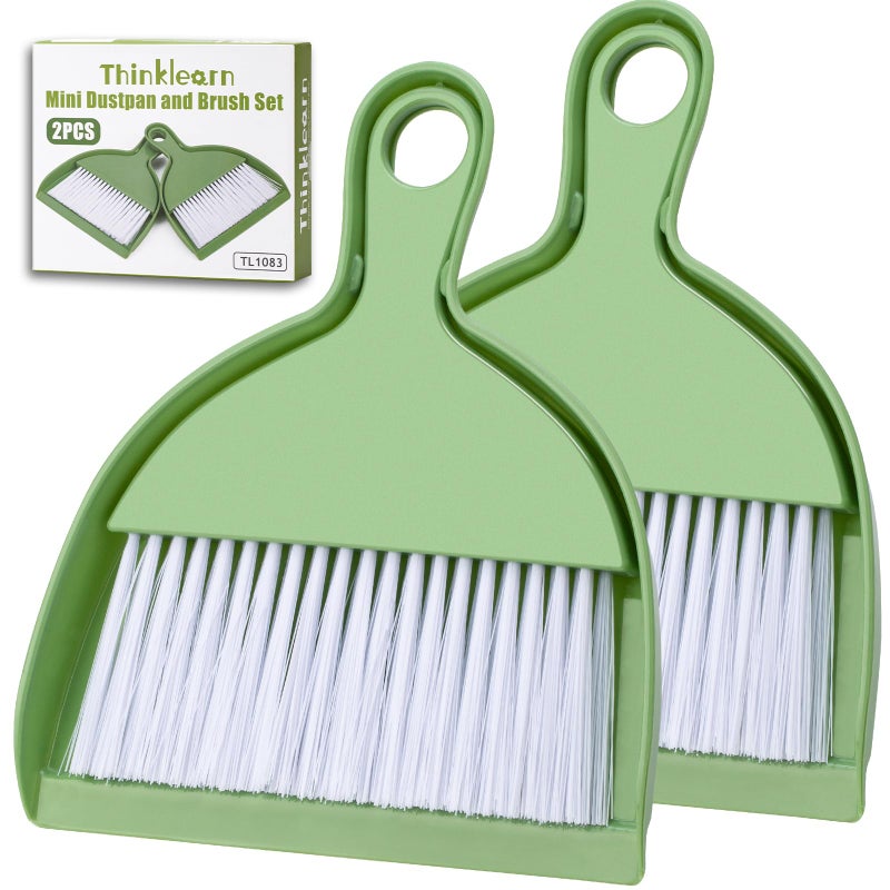 THINKLEARN 2PCS Small Broom and Dustpan Set, Mini Dust Pan and Brush, Hand Whisk for Pets, Kids, Desk, Home, Camping, Green Cleaning Supplies - Image 1