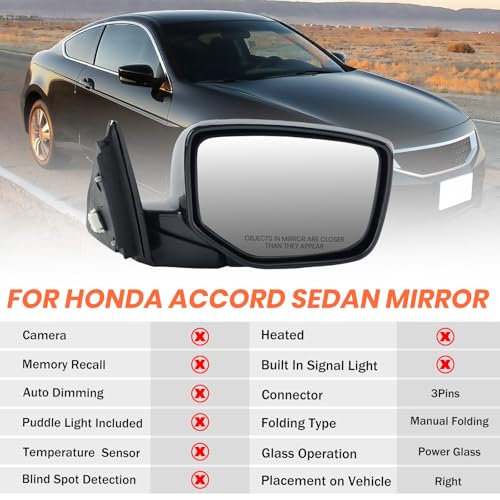 MOFOAP Passenger Side Mirror Compatible With 2008 2009 2010 2011 2012 Honda Accord Sedan LX, LX-P,Mirror with Power Glass,Non-Heated,Manual Folding Replace HO1320230(3 Pins) - Image 2