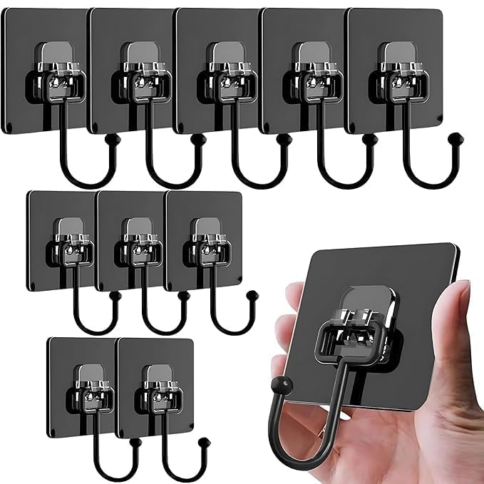 Atharved Extra Strong Self-Adhesive Big Wall Hooks | 10 Piece Black Metal Hooks | 5 kg Weight Capacity | Waterproof & No Trace | Ideal for Wall, Kitchen Utensils, Keys, Clothes | Durable & Reliabl - Image 1