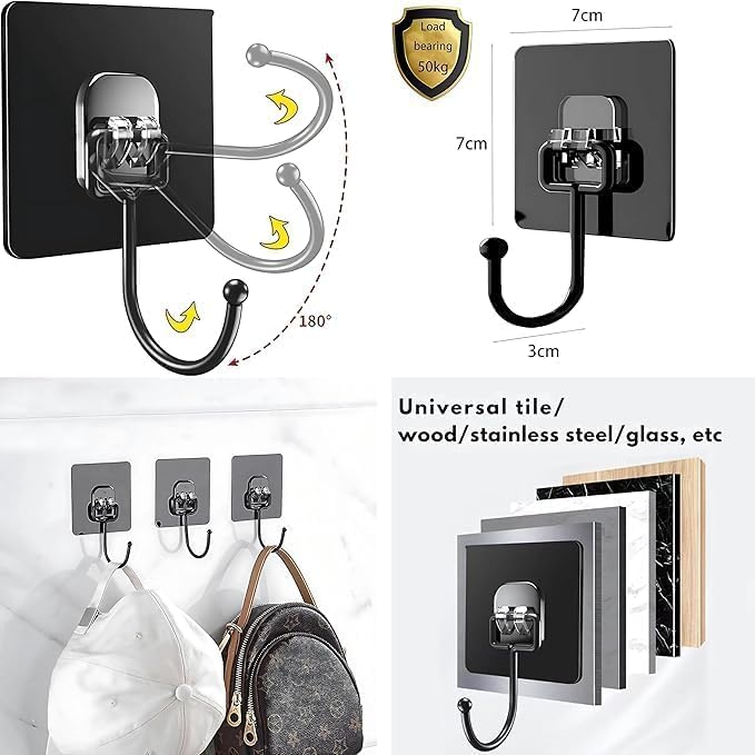 Atharved Extra Strong Self-Adhesive Big Wall Hooks | 10 Piece Black Metal Hooks | 5 kg Weight Capacity | Waterproof & No Trace | Ideal for Wall, Kitchen Utensils, Keys, Clothes | Durable & Reliabl - Image 3