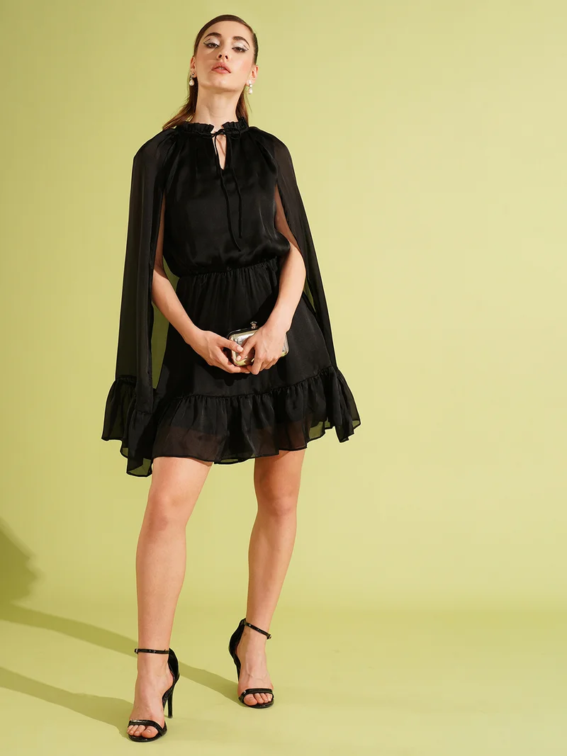 globus Globus Women Tie-Up Neck Cape Sleeve Blouson Mini Party Dress