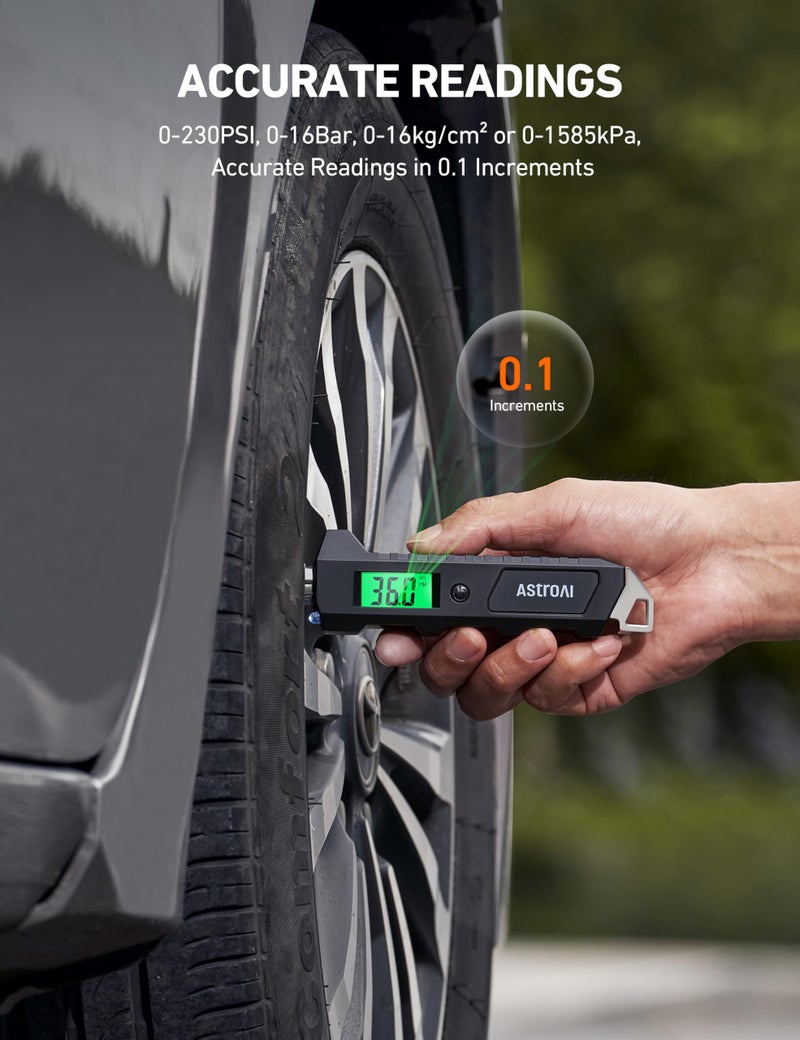 AstroAI Digital Tire Pressure Gauge, 230 PSI 4 Settings Heavy Duty for Car Bicycle with Larger Backlit LCD Flashlight and Non-Slip, Black - Image 4