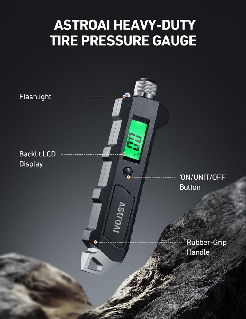 AstroAI Digital Tire Pressure Gauge, 230 PSI 4 Settings Heavy Duty for Car Bicycle with Larger Backlit LCD Flashlight and Non-Slip, Black - Image 2