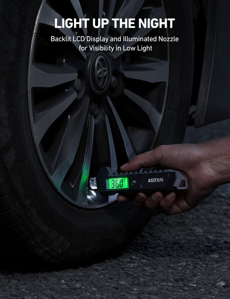 AstroAI Digital Tire Pressure Gauge, 230 PSI 4 Settings Heavy Duty for Car Bicycle with Larger Backlit LCD Flashlight and Non-Slip, Black - Image 5