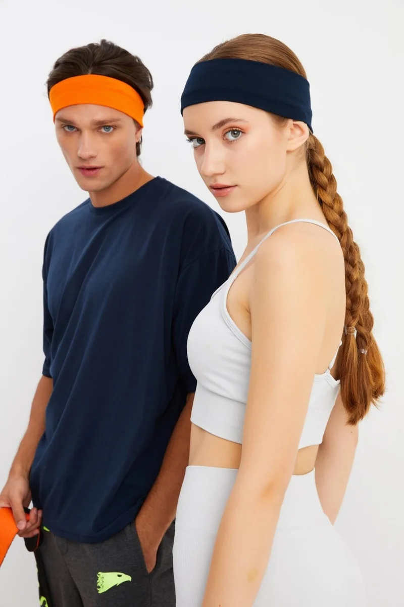 بوتيكجيز Orange-Navy Blue 2-Piece Combed Cotton, Non-Slip, Anti-Sweat, Ultra Light, Sports Hair Band Bandana
