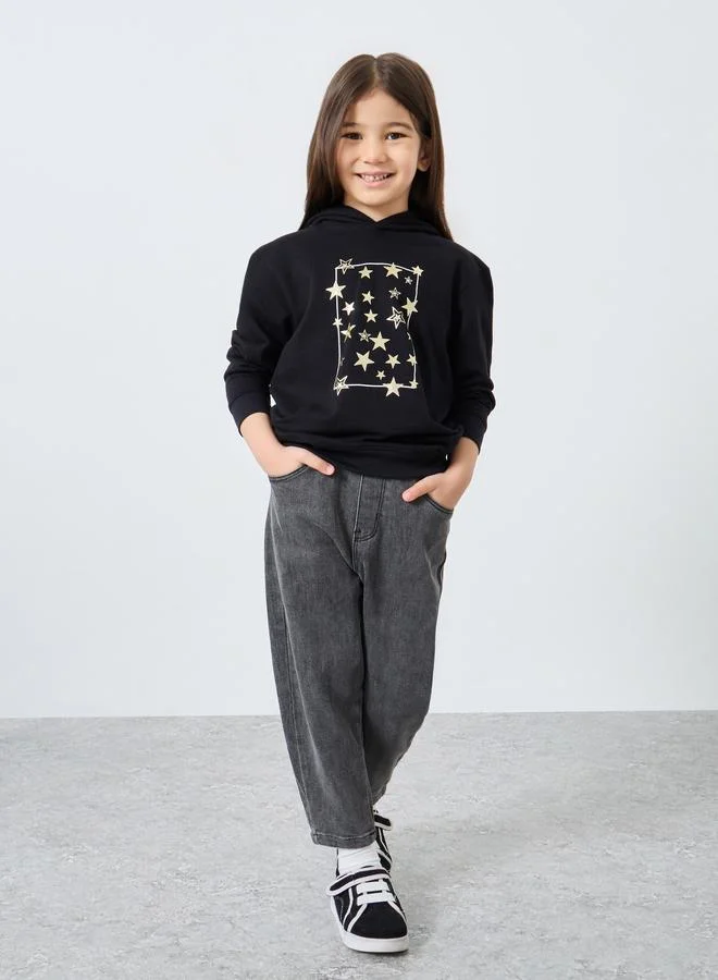 Styli Styli Girls Black Graphic Star Hoodie