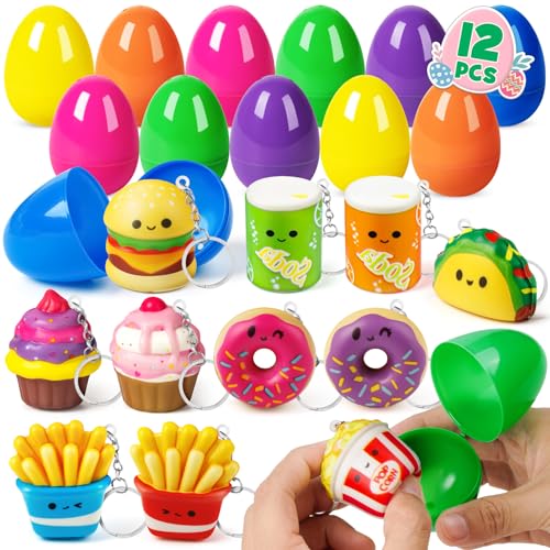 IJIGU 12 Pack Prefilled Easter Eggs with Food Squishy Toys Keychains Easter Eggs Filled for for Easter Egg Hunt Basket Stuffers Filler and Classroom Prize Supplies Party Favors - Image 1