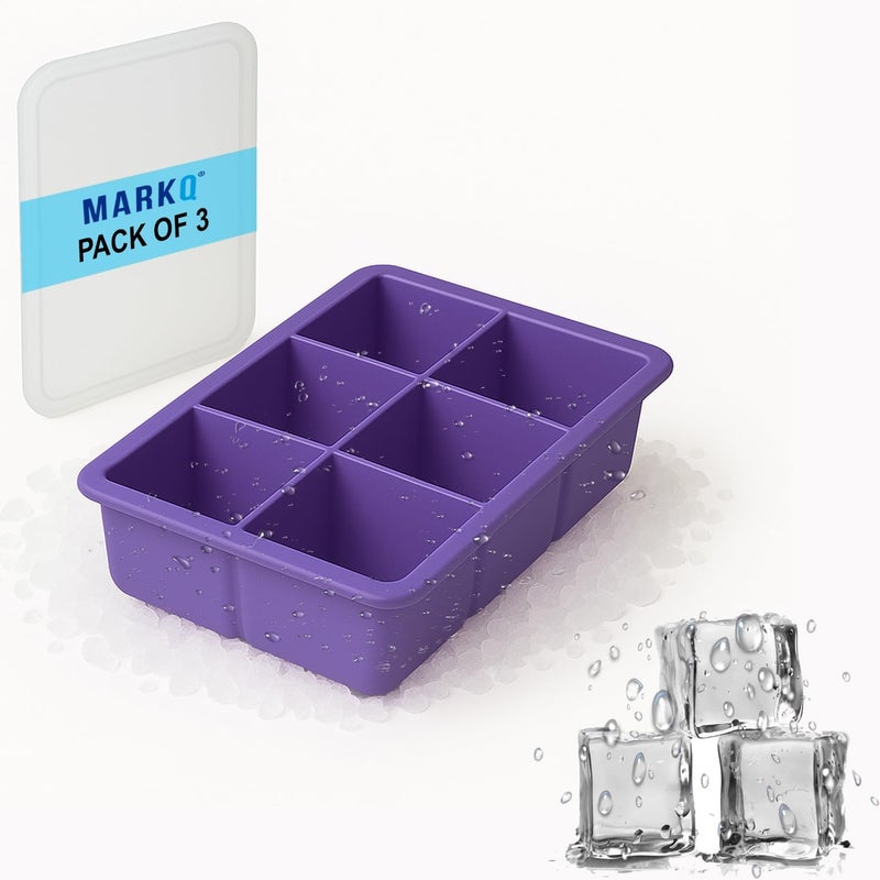 MARKQ Silicone Ice Cube Tray 6 Portions – Flexible Easy Release Ice Mold for Cocktails & Drinks | Reusable Food-Grade Ice Maker Tray for Freezer, Water, Juice & Whiskey, Purple, Pack of 3 - Image 1