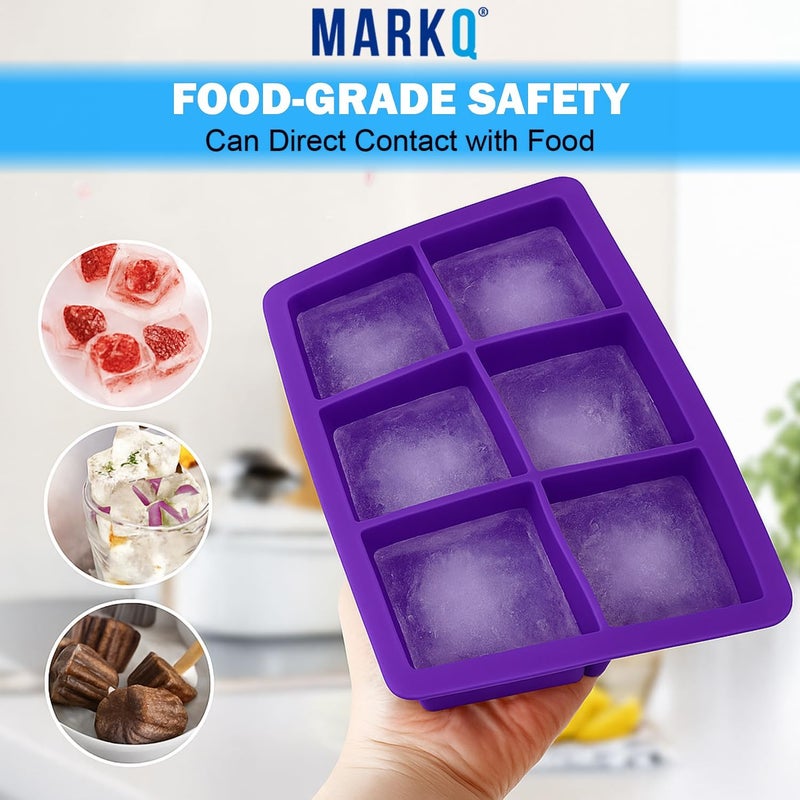 MARKQ Silicone Ice Cube Tray 6 Portions – Flexible Easy Release Ice Mold for Cocktails & Drinks | Reusable Food-Grade Ice Maker Tray for Freezer, Water, Juice & Whiskey, Purple, Pack of 3 - Image 4