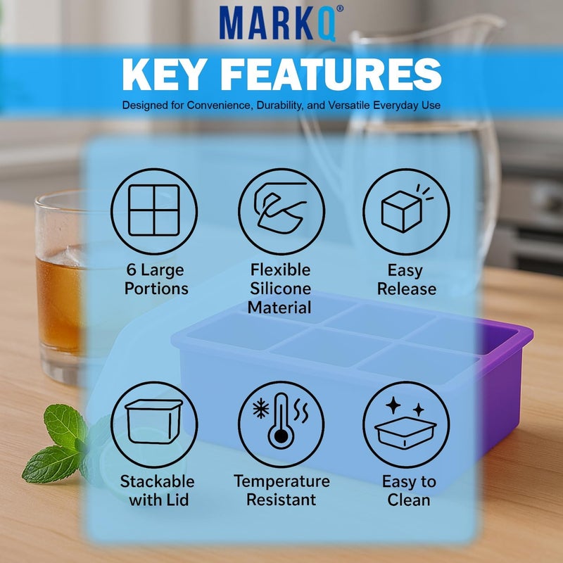 MARKQ Silicone Ice Cube Tray 6 Portions – Flexible Easy Release Ice Mold for Cocktails & Drinks | Reusable Food-Grade Ice Maker Tray for Freezer, Water, Juice & Whiskey, Purple, Pack of 3 - Image 3