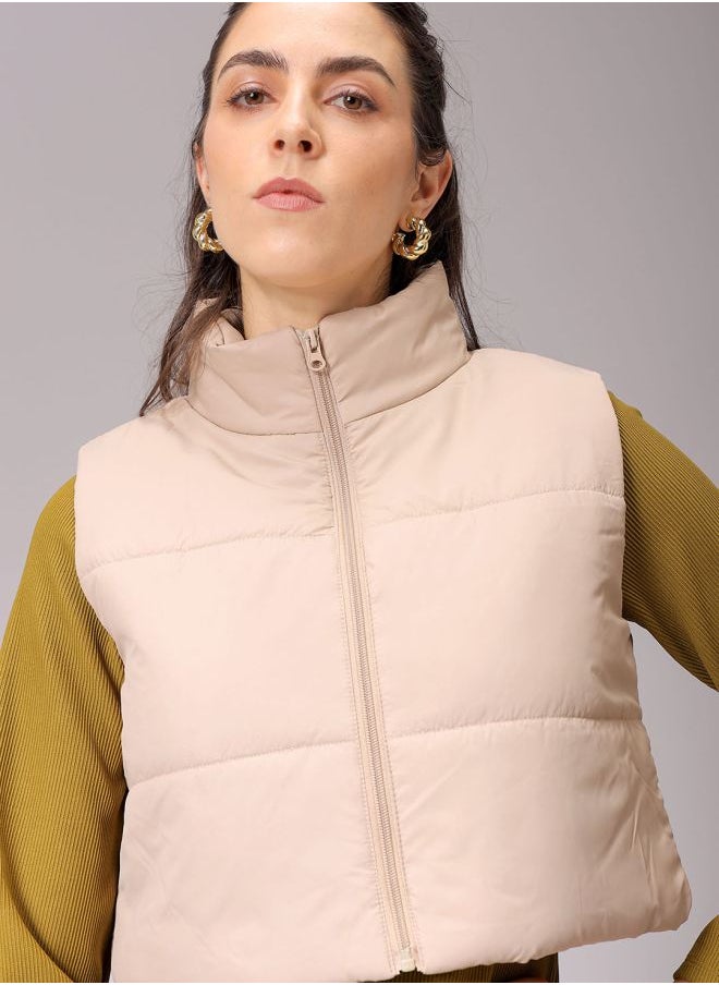 Freehand - Women Regular Beige Solid High Neck Sleeveless Outerwear - Image 1