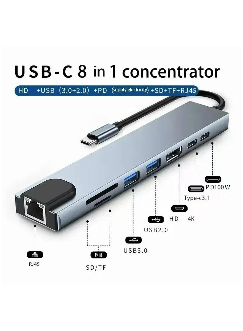 Usb 8 في 1 نوع C 3 1 إلى 4k HDTV Hub محول مع Sd Tf Rj45 قارئ بطاقات Pd شحن سريع للكمبيوتر المحمول ماك بوك - Image 2