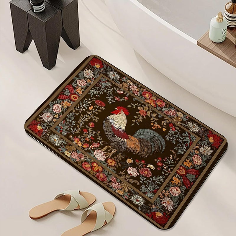 Farmhouse Rooster Bathroom Rug, Multicolor Floral Chicken Bath Mat, Boho Vintage Rustic Bathmats, Rooster Rug for Bathroom, Non Slip Floor Mat, Bathmat Absorbent & Washable & Quick Dry, 24x36 inch - Image 3