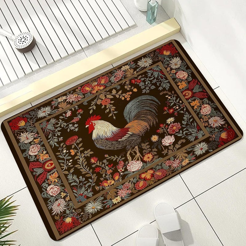 Farmhouse Rooster Bathroom Rug, Multicolor Floral Chicken Bath Mat, Boho Vintage Rustic Bathmats, Rooster Rug for Bathroom, Non Slip Floor Mat, Bathmat Absorbent & Washable & Quick Dry, 24x36 inch - Image 1