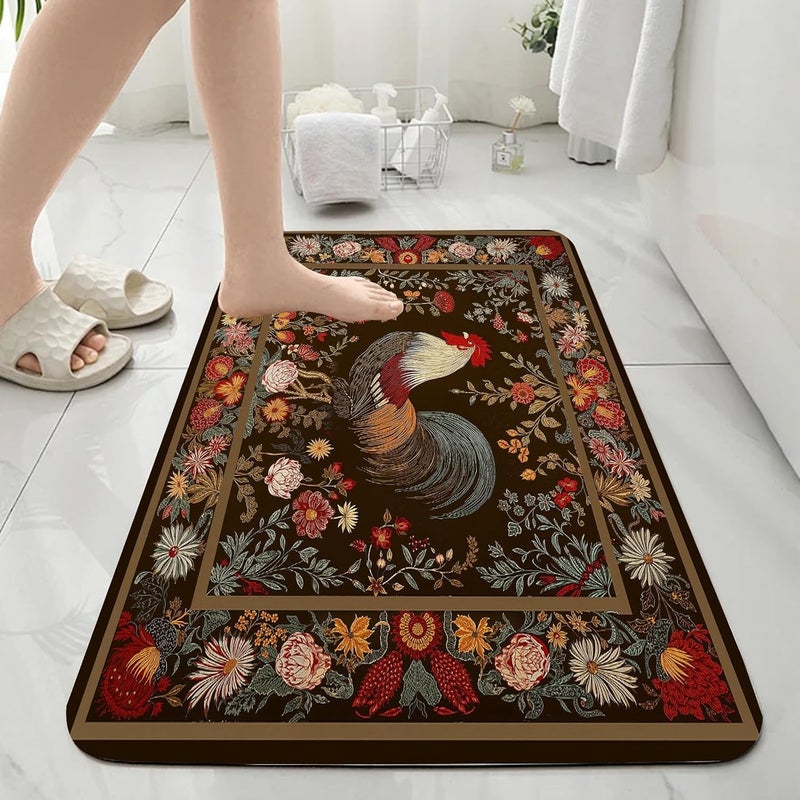 Farmhouse Rooster Bathroom Rug, Multicolor Floral Chicken Bath Mat, Boho Vintage Rustic Bathmats, Rooster Rug for Bathroom, Non Slip Floor Mat, Bathmat Absorbent & Washable & Quick Dry, 24x36 inch - Image 4
