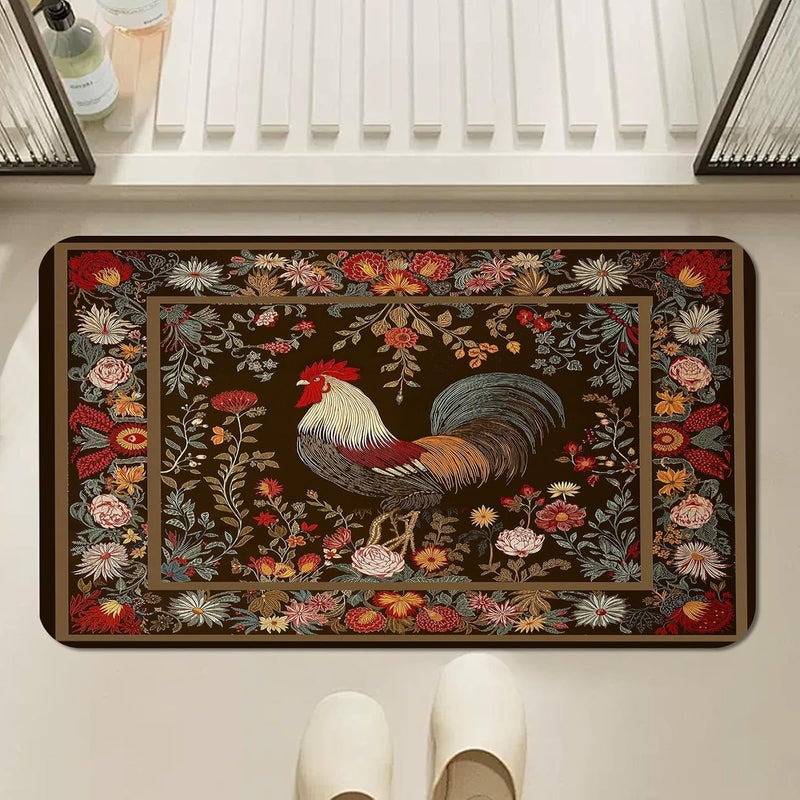 Farmhouse Rooster Bathroom Rug, Multicolor Floral Chicken Bath Mat, Boho Vintage Rustic Bathmats, Rooster Rug for Bathroom, Non Slip Floor Mat, Bathmat Absorbent & Washable & Quick Dry, 24x36 inch - Image 2