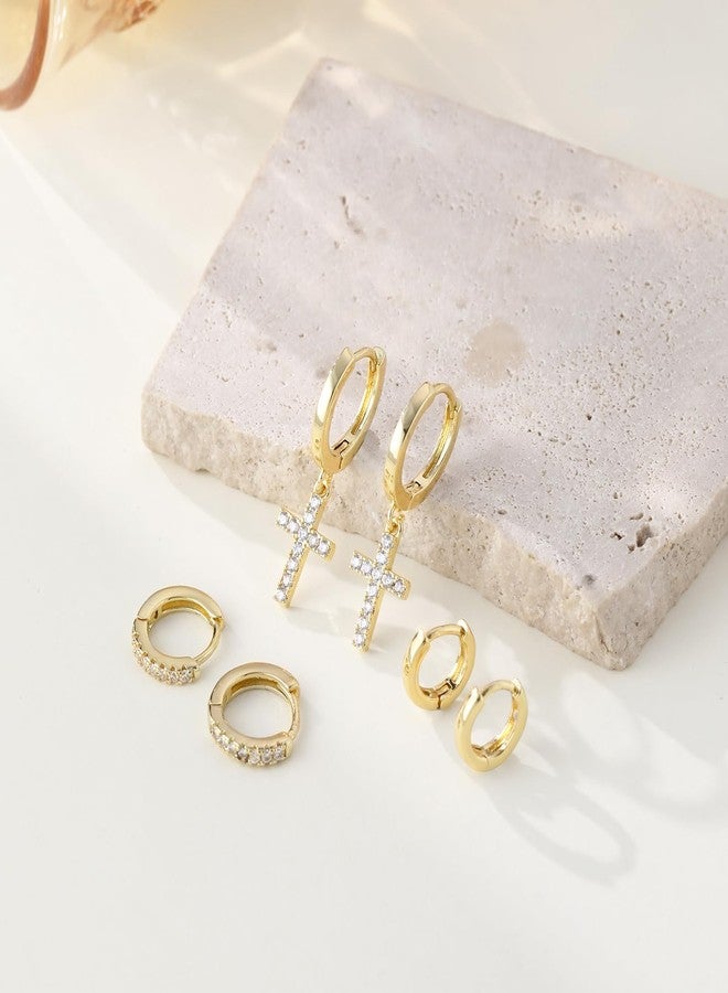 Rotnso Gold Hoop Earrings Set for Women Trendy, 14K Real Gold Plated Chunky Hypoallergenic Small Diamond Huggie Cartilage Hoops Cute Cross Cubic Zirconia Dangle Earrings Jewelry Gifts - Image 5