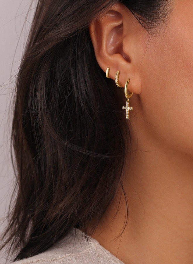 Rotnso Gold Hoop Earrings Set for Women Trendy, 14K Real Gold Plated Chunky Hypoallergenic Small Diamond Huggie Cartilage Hoops Cute Cross Cubic Zirconia Dangle Earrings Jewelry Gifts - Image 3