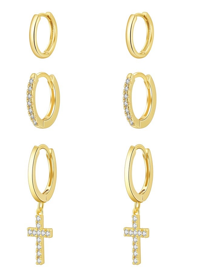 Rotnso Gold Hoop Earrings Set for Women Trendy, 14K Real Gold Plated Chunky Hypoallergenic Small Diamond Huggie Cartilage Hoops Cute Cross Cubic Zirconia Dangle Earrings Jewelry Gifts - Image 1