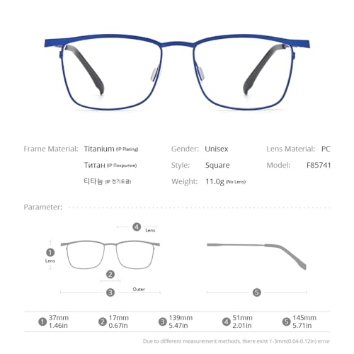 FONEX Pure Titanium Glasses Frame Men Square Eyeglasses Optical Eyewear F85741 (F85741 Blue, Clear) - Image 4
