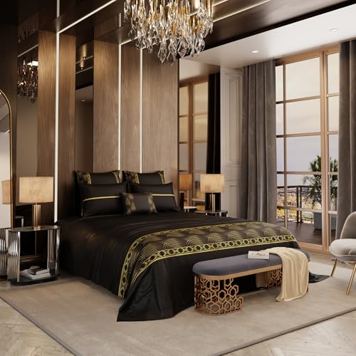 Stoa Paris 300TC UltraSatin Super Size 6 Piece Bedding Set, 274cm x 274cm Ideal for King & Double Bed, Gentle on Skin & Hair, Fade & Wrinkle Resistant, Quick Dry, Crown of Versailles - Black - Image 1