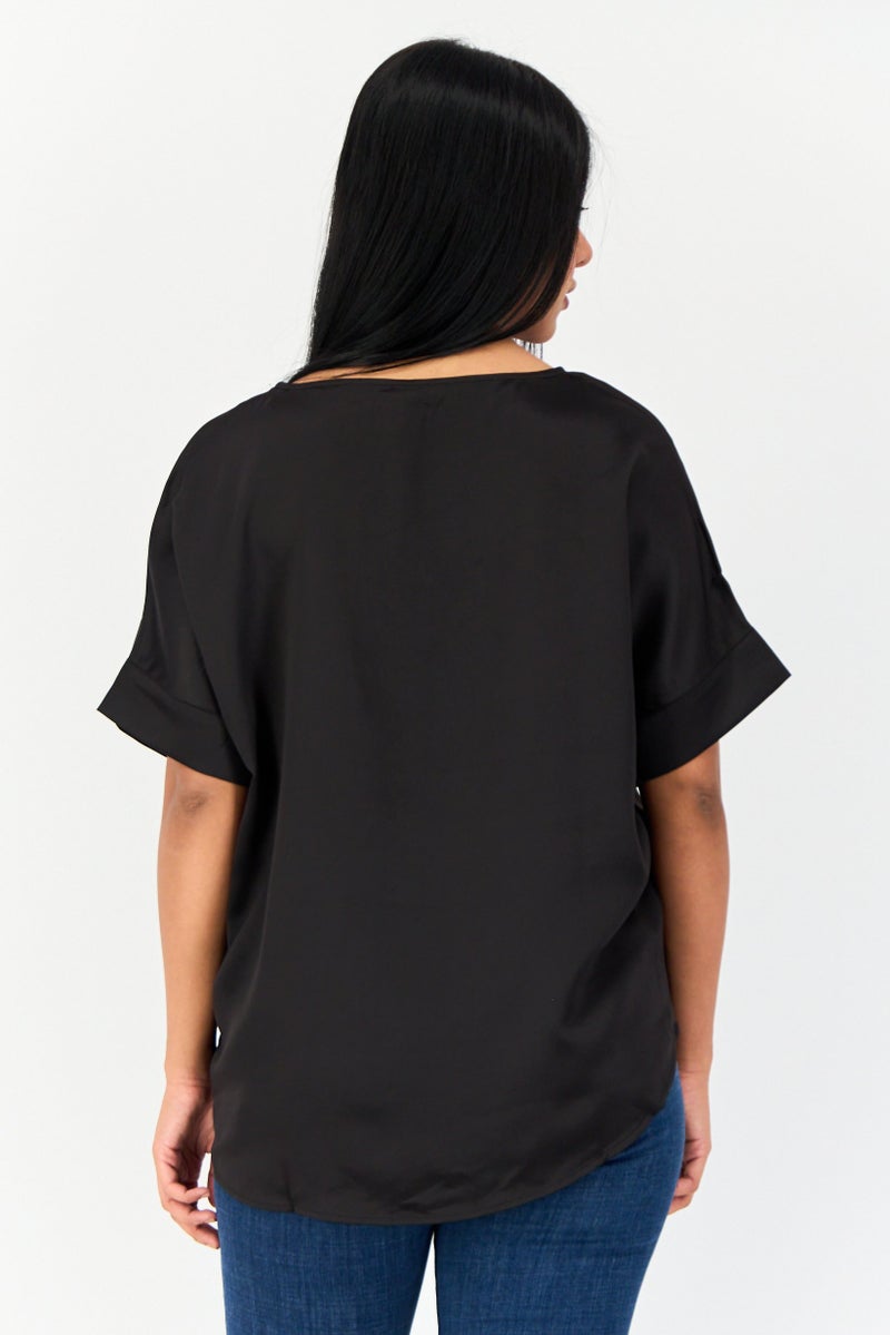 VERO MODA قميص نسائي بأكمام قصيرة وياقة دائرية، أسود - Image 3