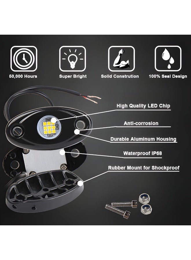 KISSUN Rock Lights for Trucks, 4 Pods LED, IP67 Waterproof, High Brightness Multifunction Underglow Lighting Glow Trail Rig Lamp (White) - Image 4