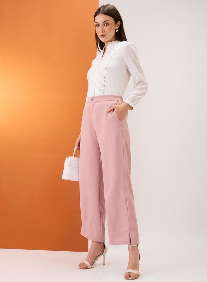 globus Blush Pink Solid Mid-Rise Relaxed Fit Trousers - Image 1