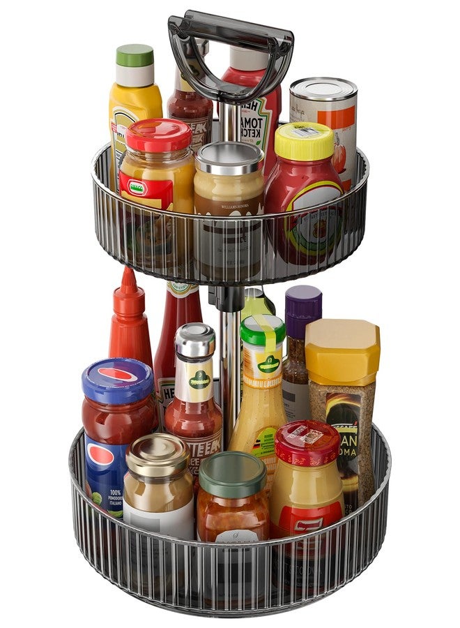 Seoneiro 2-Tier Lazy Susan 360° Rotating Turntable Organizer Rack with Handles Height Adjustable, Spice Rack Holder Organizer for Cabinet, Pantry Organizers Bathroom Countertop Storage (Dark Gray) - Image 1