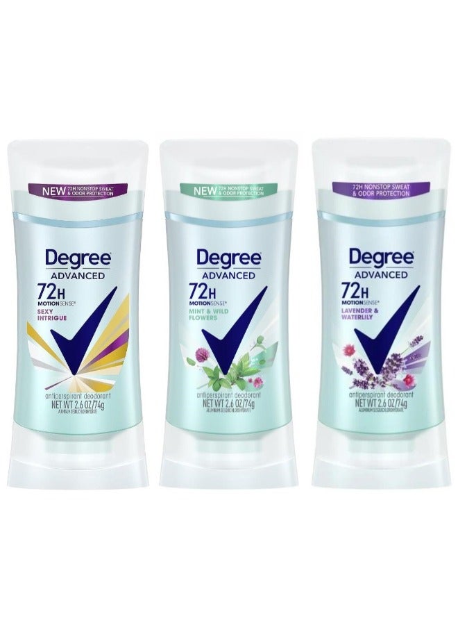 Degree Set of 3 Degree Advanced Antiperspirant Deodorant( Degree Advanced 72H MotionSense, Sexy Intrigue Antiperspirant Deodorant, 74 Grams ,  Degree Advanced , 72H MotionSense Mint & Wild Flowers Antiperspirant Deodorant 74 Grams And Degree Advanced Lavender & Waterlily 72-Hour Sweat & Odor Protection Antiperspirant for Women 74 Gram) - Image 1