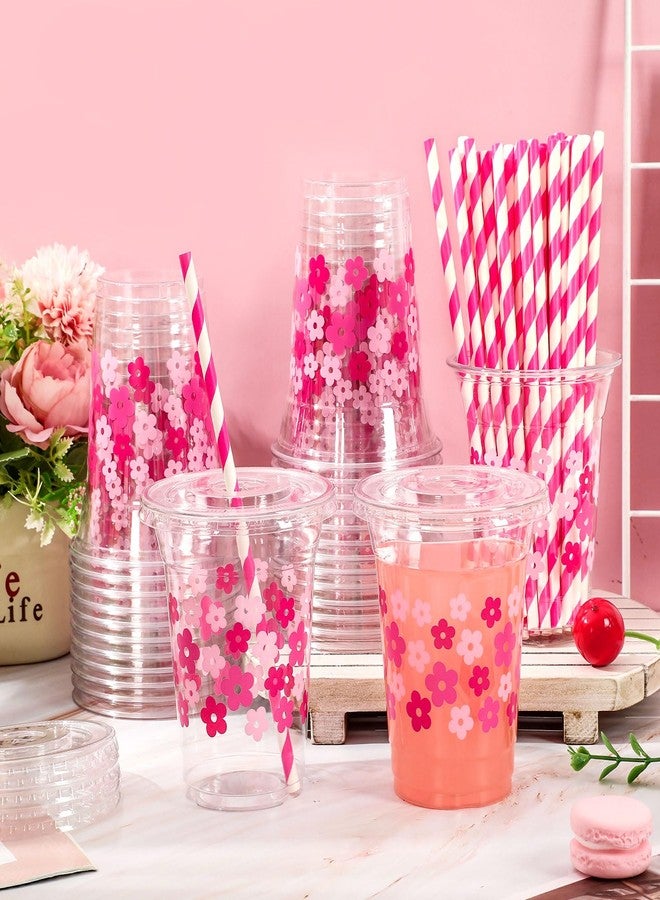 JarThenaAMCS 50Pcs Retro Boho Flower Plastic Cups with Lids and Straws Pink Floral Clear Plastic Cups 12oz Disposable Cups for Birthday Wedding Party Supplies - Image 5
