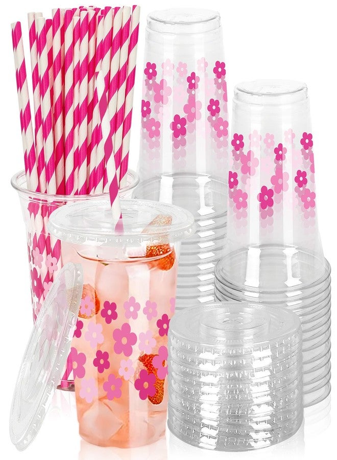 JarThenaAMCS 50Pcs Retro Boho Flower Plastic Cups with Lids and Straws Pink Floral Clear Plastic Cups 12oz Disposable Cups for Birthday Wedding Party Supplies - Image 1