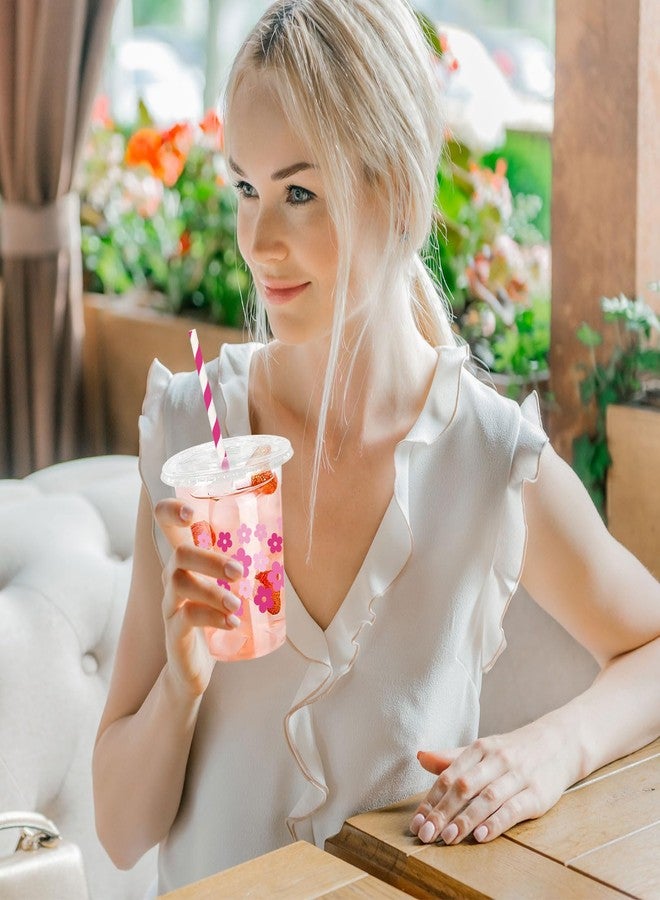 JarThenaAMCS 50Pcs Retro Boho Flower Plastic Cups with Lids and Straws Pink Floral Clear Plastic Cups 12oz Disposable Cups for Birthday Wedding Party Supplies - Image 4