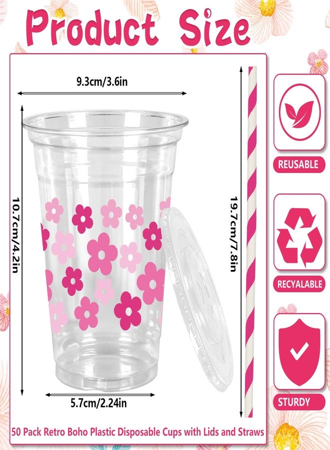 JarThenaAMCS 50Pcs Retro Boho Flower Plastic Cups with Lids and Straws Pink Floral Clear Plastic Cups 12oz Disposable Cups for Birthday Wedding Party Supplies - Image 2