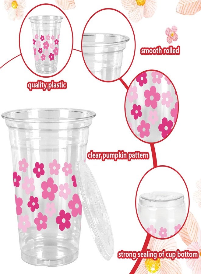 JarThenaAMCS 50Pcs Retro Boho Flower Plastic Cups with Lids and Straws Pink Floral Clear Plastic Cups 12oz Disposable Cups for Birthday Wedding Party Supplies - Image 3
