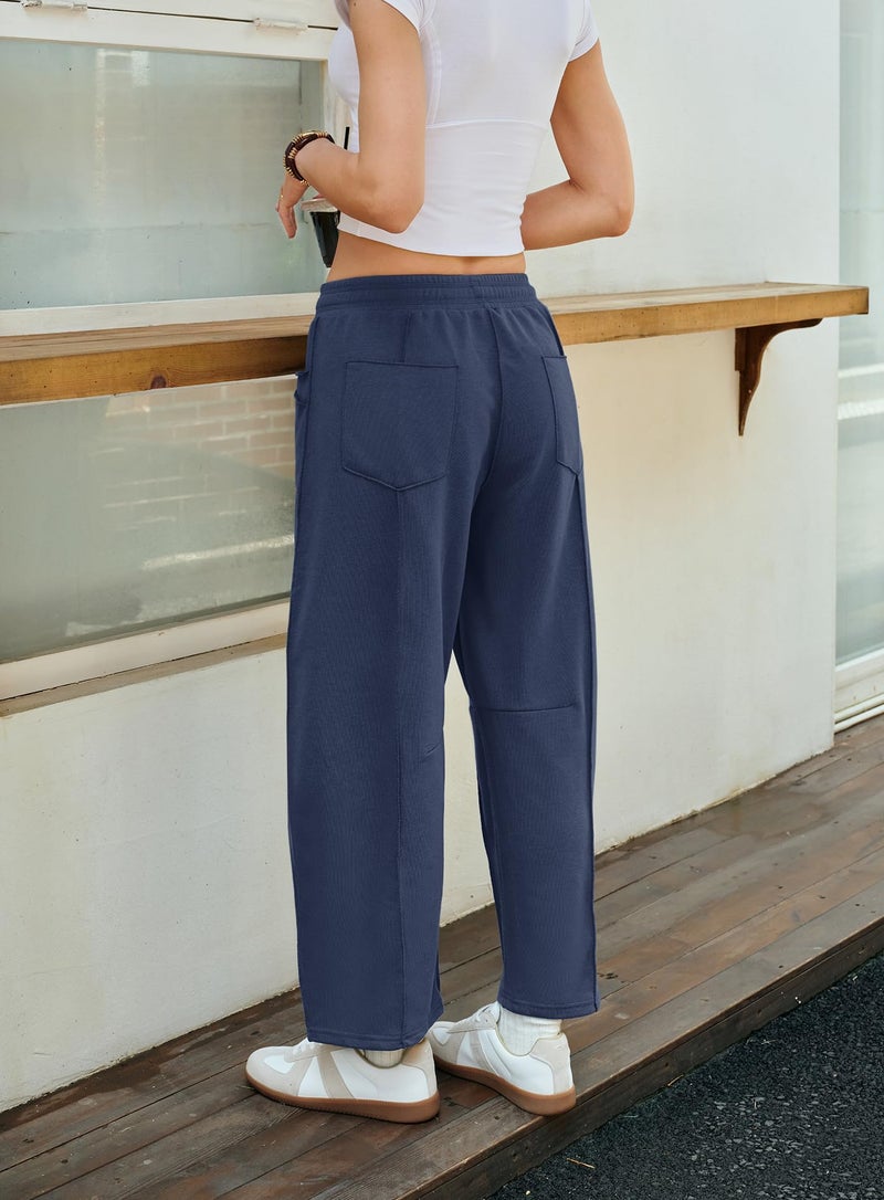 Yanekop Womens Baggy Wide Leg Pants Casual Fall Trousers Palazzo Pants Drawstring Waist Barrel Sweatpants with Pockets(Navy Blue,XL) - Image 5