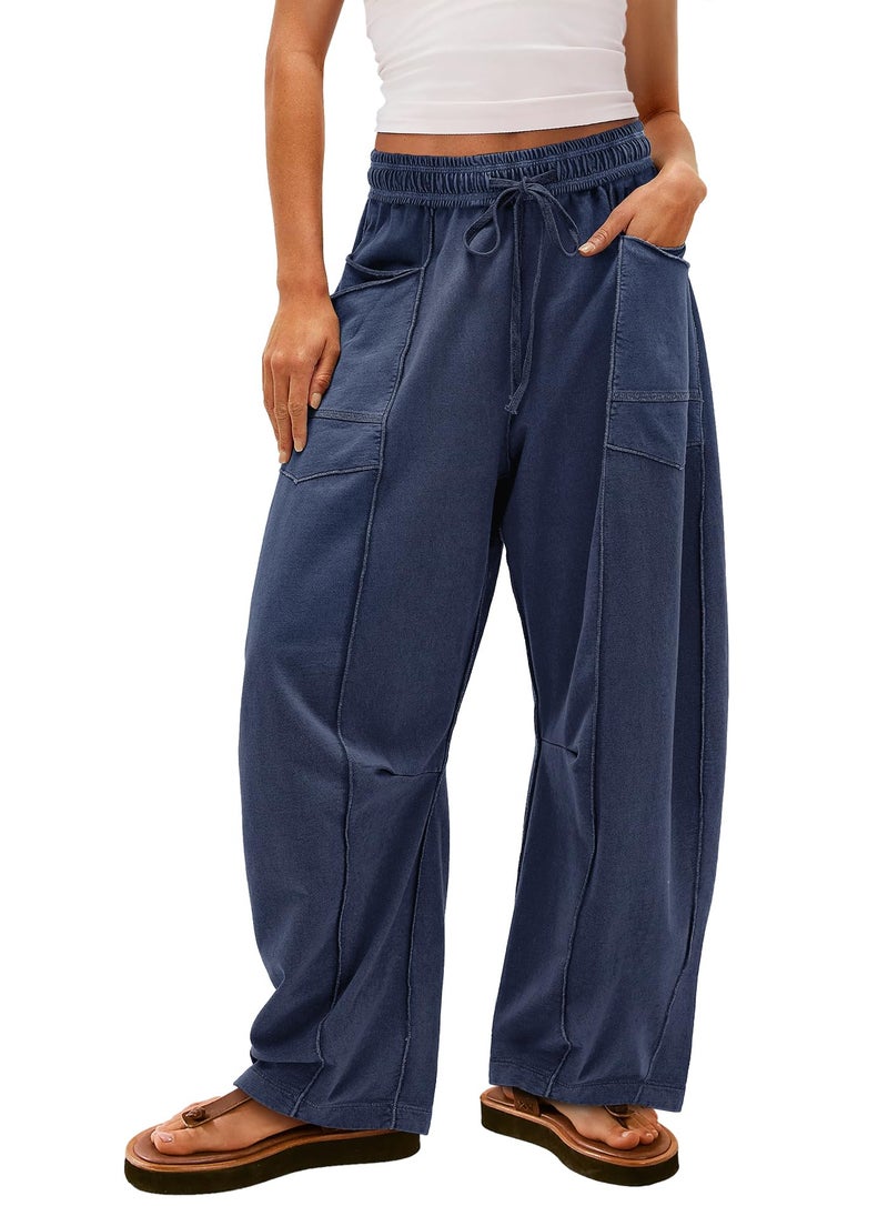 Yanekop Womens Baggy Wide Leg Pants Casual Fall Trousers Palazzo Pants Drawstring Waist Barrel Sweatpants with Pockets(Navy Blue,XL) - Image 1
