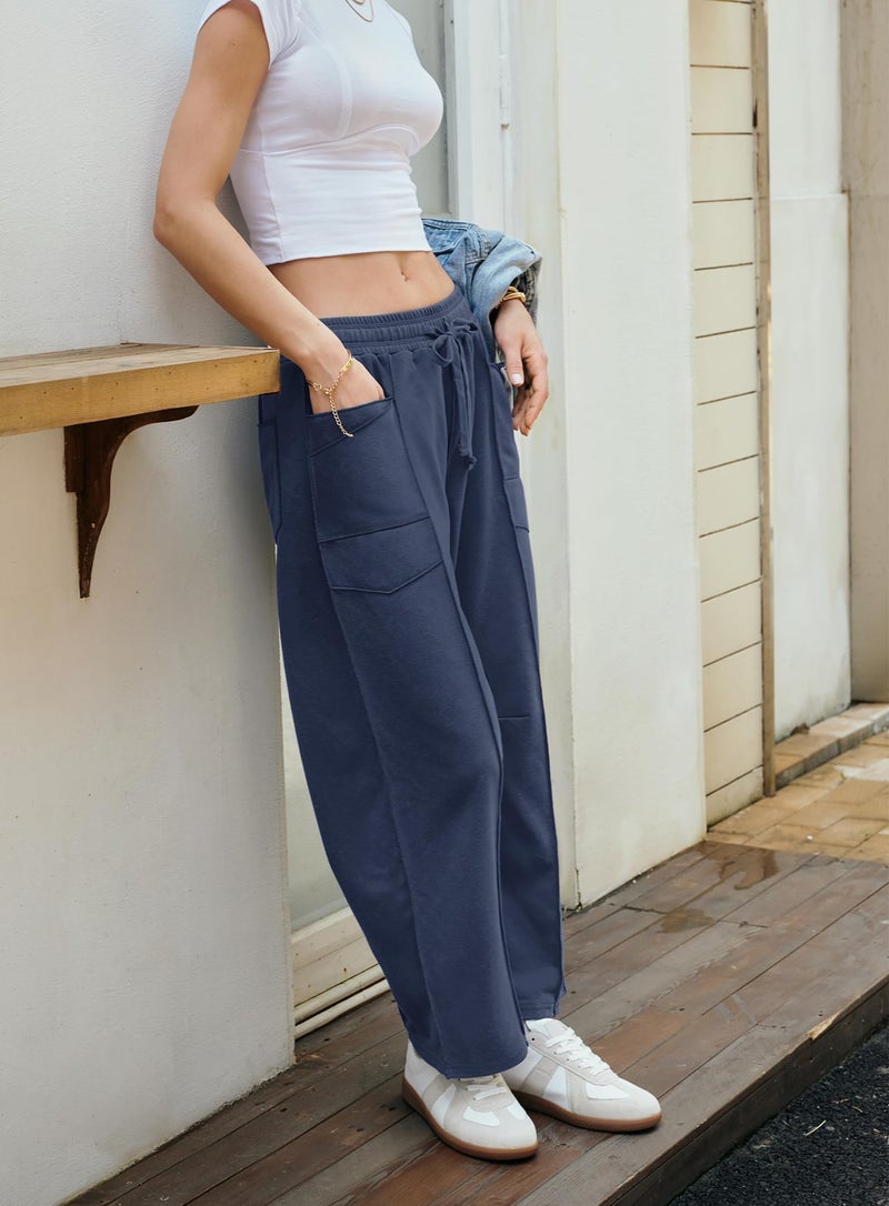 Yanekop Womens Baggy Wide Leg Pants Casual Fall Trousers Palazzo Pants Drawstring Waist Barrel Sweatpants with Pockets(Navy Blue,XL) - Image 4