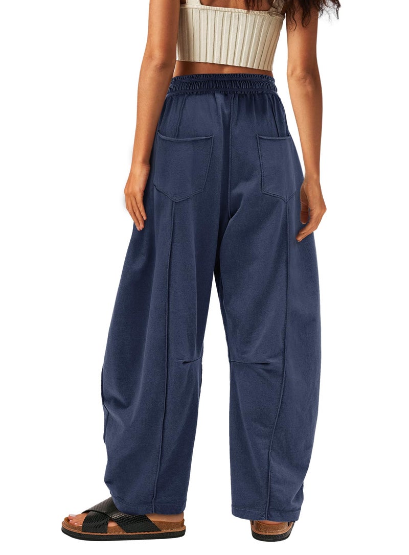 Yanekop Womens Baggy Wide Leg Pants Casual Fall Trousers Palazzo Pants Drawstring Waist Barrel Sweatpants with Pockets(Navy Blue,XL) - Image 2