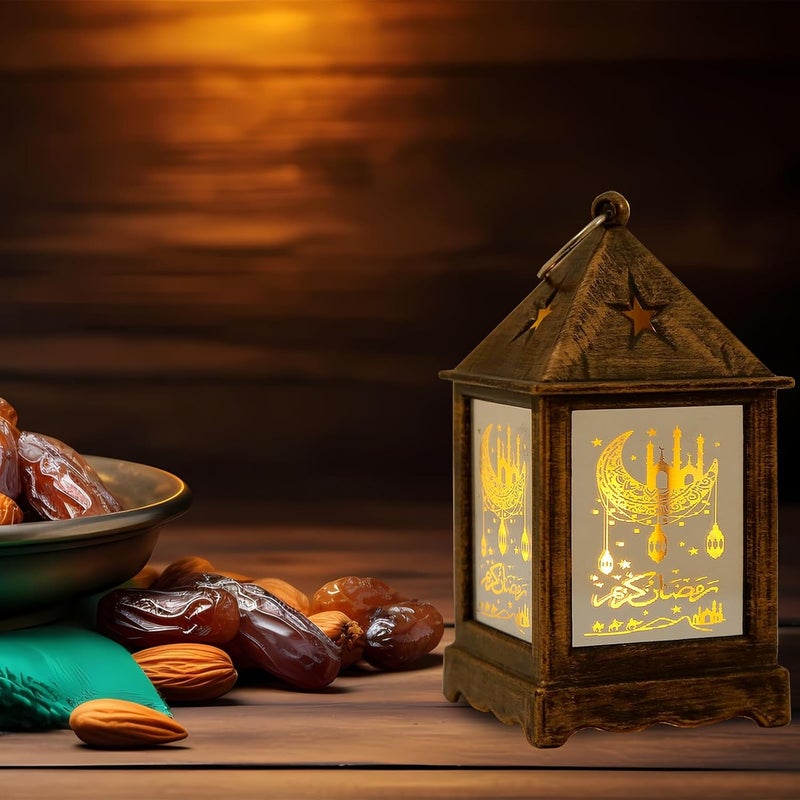 Glodecart 2 قطعة فانوس رمضان لتزيين رمضان، فانوس رمضان ذو نمط القلعة الصغيرة البنية الداكنة والقمر لتزيين طاولة رمضان، هدايا رمضان، ديكور المنزل، ديكورات رمضان للمنزل والهواء الطلق. - Image 3