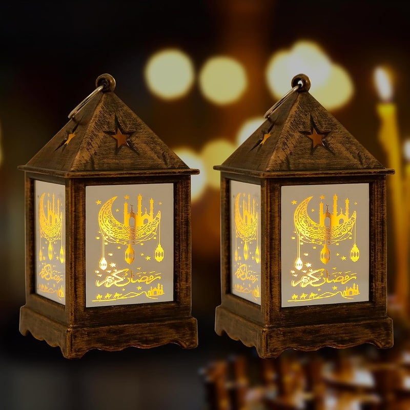 Glodecart 2 قطعة فانوس رمضان لتزيين رمضان، فانوس رمضان ذو نمط القلعة الصغيرة البنية الداكنة والقمر لتزيين طاولة رمضان، هدايا رمضان، ديكور المنزل، ديكورات رمضان للمنزل والهواء الطلق. - Image 1