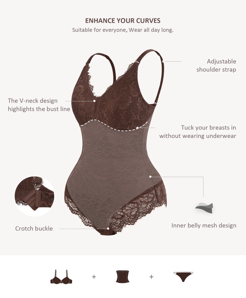 FeelinGirl Shapewear Tummy Control Bodysuits for Women Lace Thong Tops V Neck Lingerie Backless Body BodySuit Brown M - Image 3