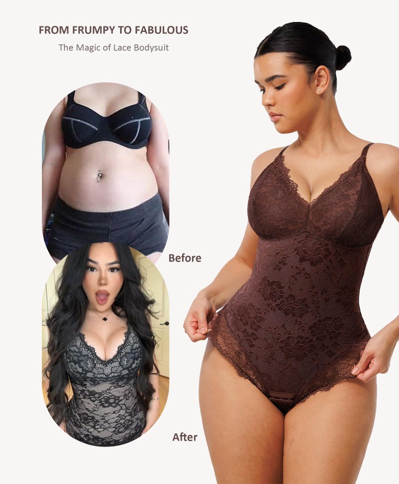 FeelinGirl Shapewear Tummy Control Bodysuits for Women Lace Thong Tops V Neck Lingerie Backless Body BodySuit Brown M - Image 4