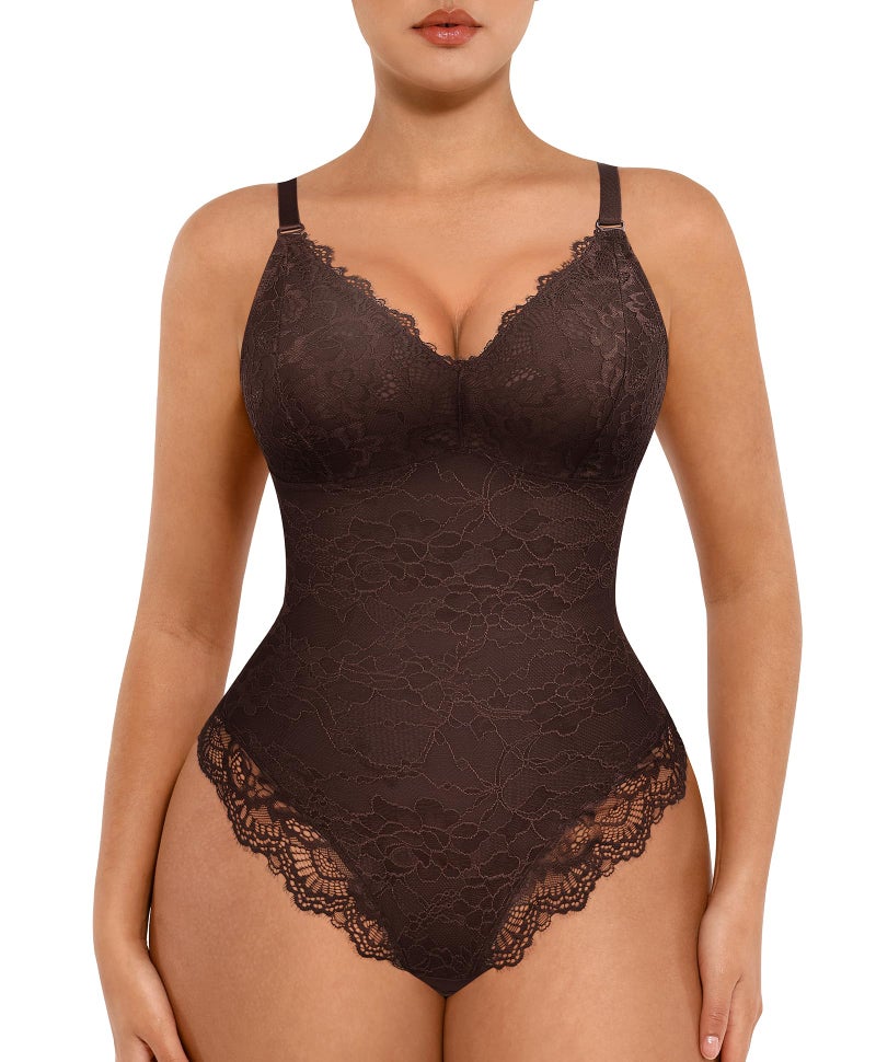 FeelinGirl Shapewear Tummy Control Bodysuits for Women Lace Thong Tops V Neck Lingerie Backless Body BodySuit Brown M - Image 1